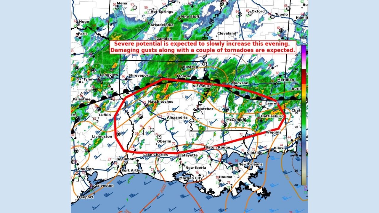 Louisiana, Mississippi, and Alabama Face Nocturnal Tornado Threat as SPC Warns Severe Potential Will Increase Overnight