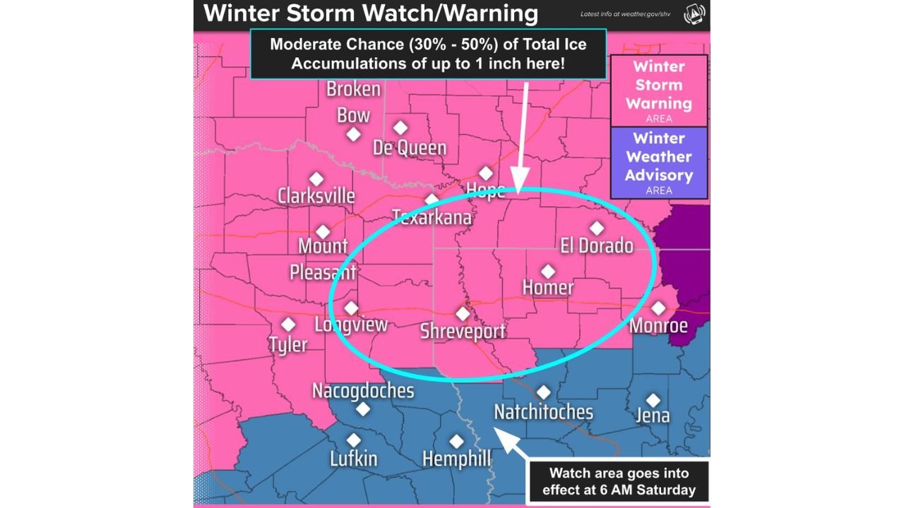 Major Winter Storm Brings Widespread Ice, Snow, and Travel Hazards Across Northern Louisiana, East Texas, and Southern Arkansas This Weekend