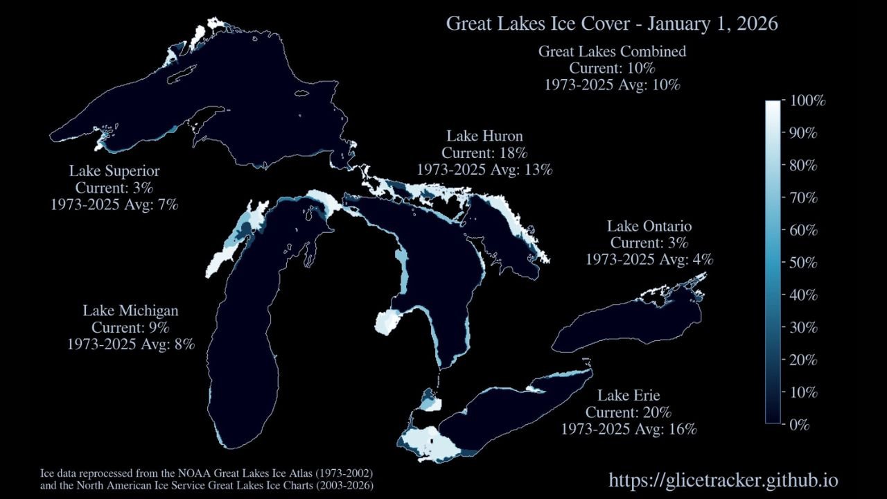 Michigan, Ohio, Wisconsin, Minnesota, and New York Open 2026 With Great Lakes Ice Near Seasonal Average but Unevenly Distributed