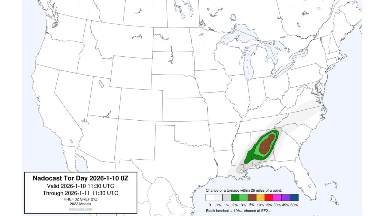Mississippi, Alabama, and Georgia Face Elevated Tornado Threat as Nadocast Flags Concentrated Risk Zone