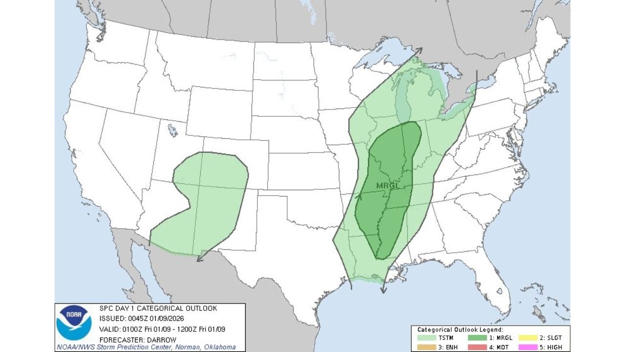 Mississippi, Arkansas, Tennessee, Kentucky, and Ohio Face Marginal Severe Weather Risk as Storm System Tracks From Lower Mississippi Valley to Ohio Valley