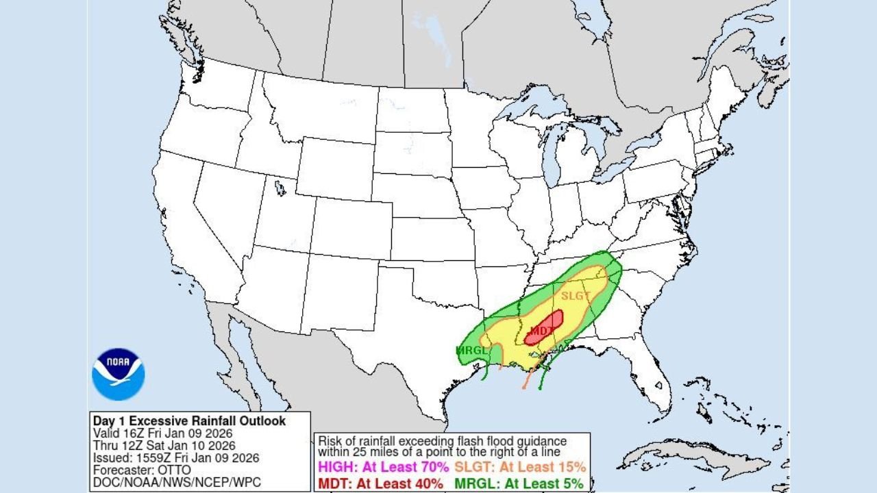 Mississippi and Alabama Under Moderate Excessive Rainfall Risk as Flash Flooding Threatens Through Saturday Morning