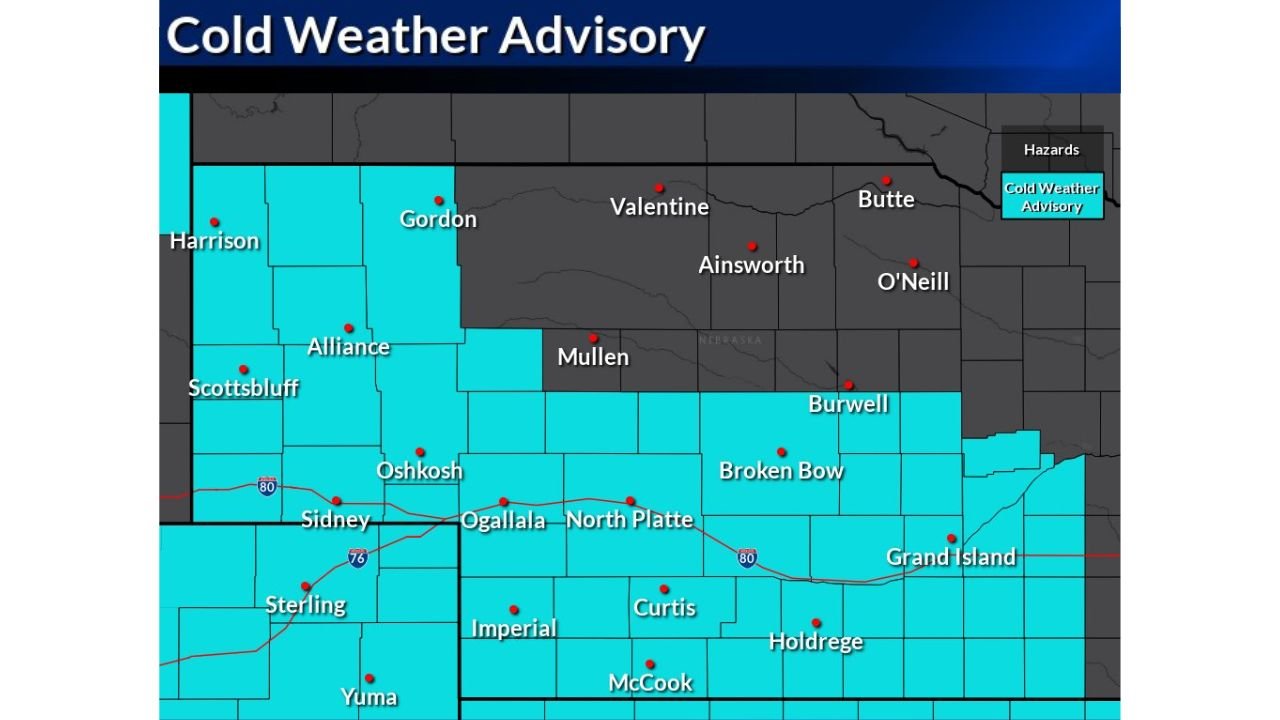 Nebraska Cold Weather Advisory Issued for Western, Southwest, and Central Counties as Overnight Lows Turn Dangerous Through Sunday Morning