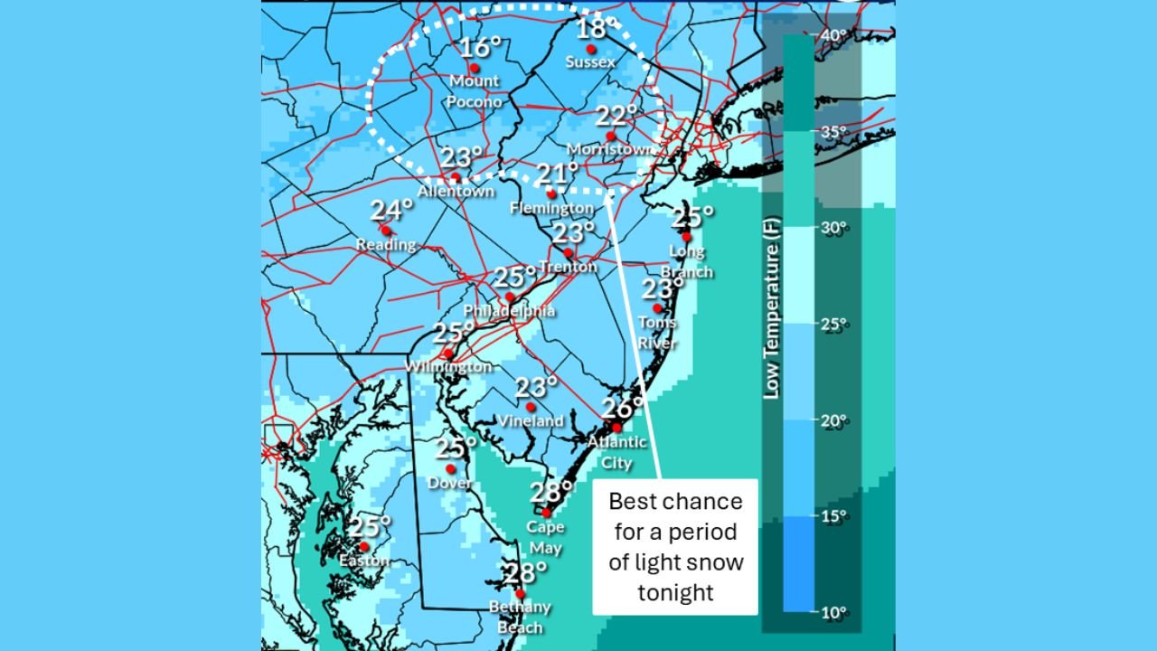 New Jersey and Pennsylvania Brace for Chilly Night as Light Snow Targets I-78 Corridor With Teens and 20s Overnight Lows