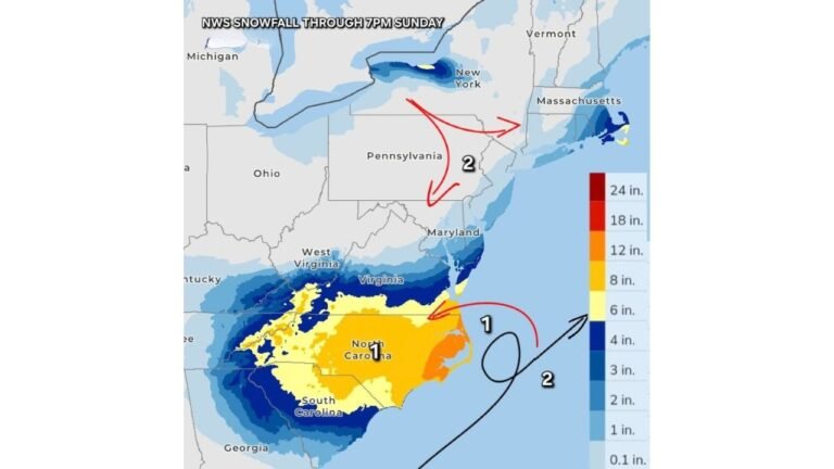 North Carolina Snow Totals Rise as Coastal Loop Feeds Repeated Moisture While Mid-Atlantic Dries Out by Sunday Evening