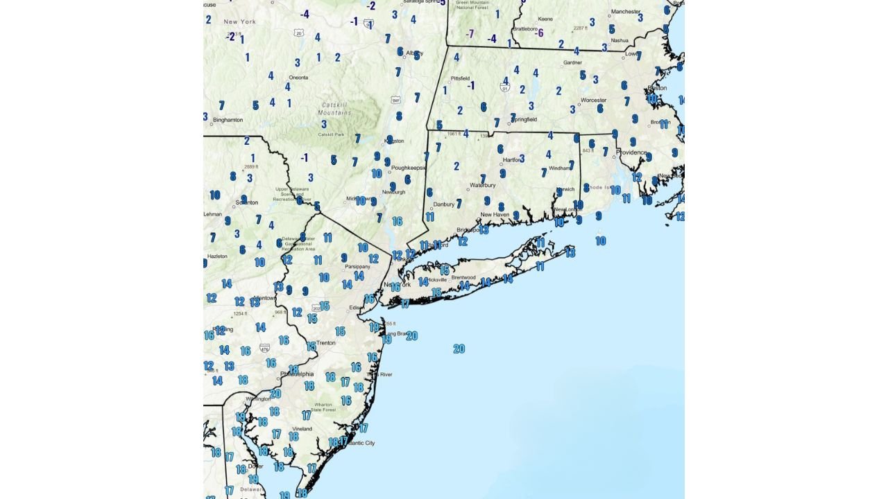 Northeast Temperatures Collapse After Sunset as Single-Digit Readings and Teens Dominate From New England to the Mid-Atlantic