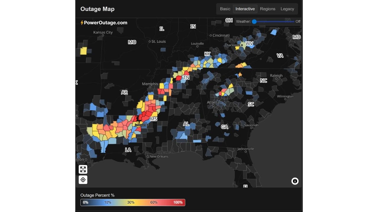 Power Outages Climb Across Louisiana, Mississippi, Tennessee, Alabama, Georgia, and the Southeast as Ice Storm Leaves Nearly 1 Million Without Electricity