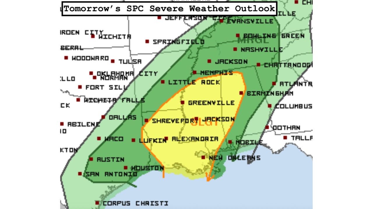 Severe Storm Risk Targets Mississippi, Louisiana, Arkansas, and Tennessee as SPC Maintains Slight Risk for Friday