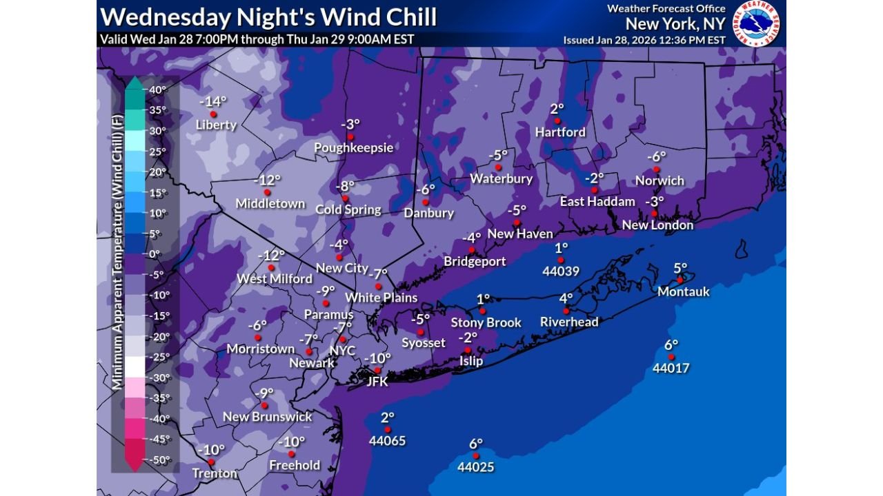 Subzero Wind Chills and Cold Weather Advisories Grip New York, New Jersey and Connecticut Overnight