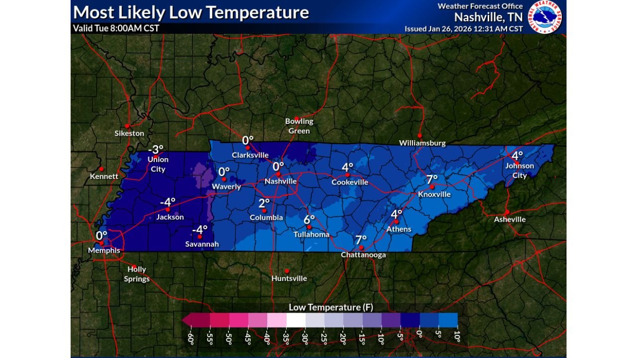 Nashville Tennessee Braces for Near-Zero Temperatures Tonight as Dangerous Arctic Cold Tightens Its Grip