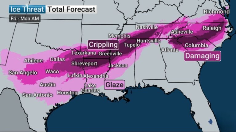 Texas, Louisiana, Mississippi, Tennessee, Georgia, North Carolina, and South Carolina Face Crippling Ice Storm With Over 1 Inch Ice Accretion and Extended Power Outage Risk