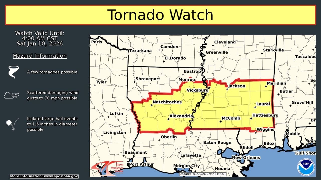 Texas, Louisiana, Mississippi, and Arkansas Under Overnight Tornado Watch as Severe Storms Threaten the Lower Mississippi Valley Until Early Morning