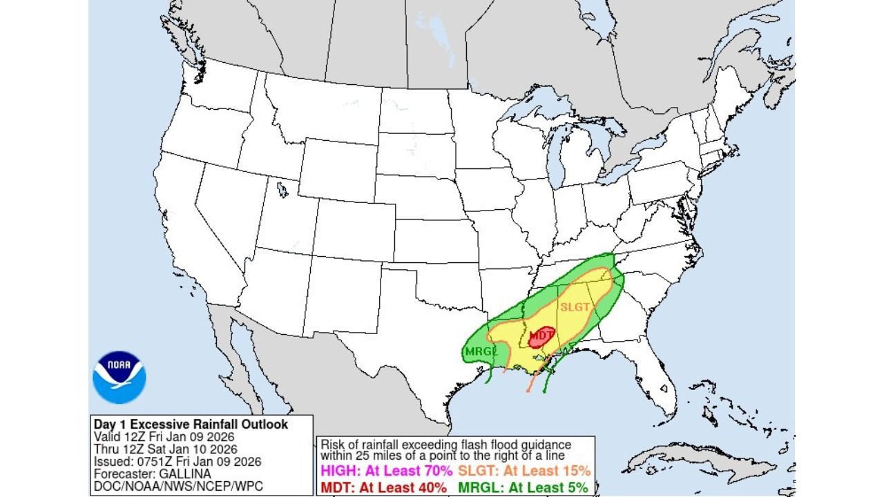 Texas, Mississippi, Alabama, and Tennessee Face Moderate Flood Risk as Widespread Heavy Rain Targets the Lower Mississippi Valley Friday