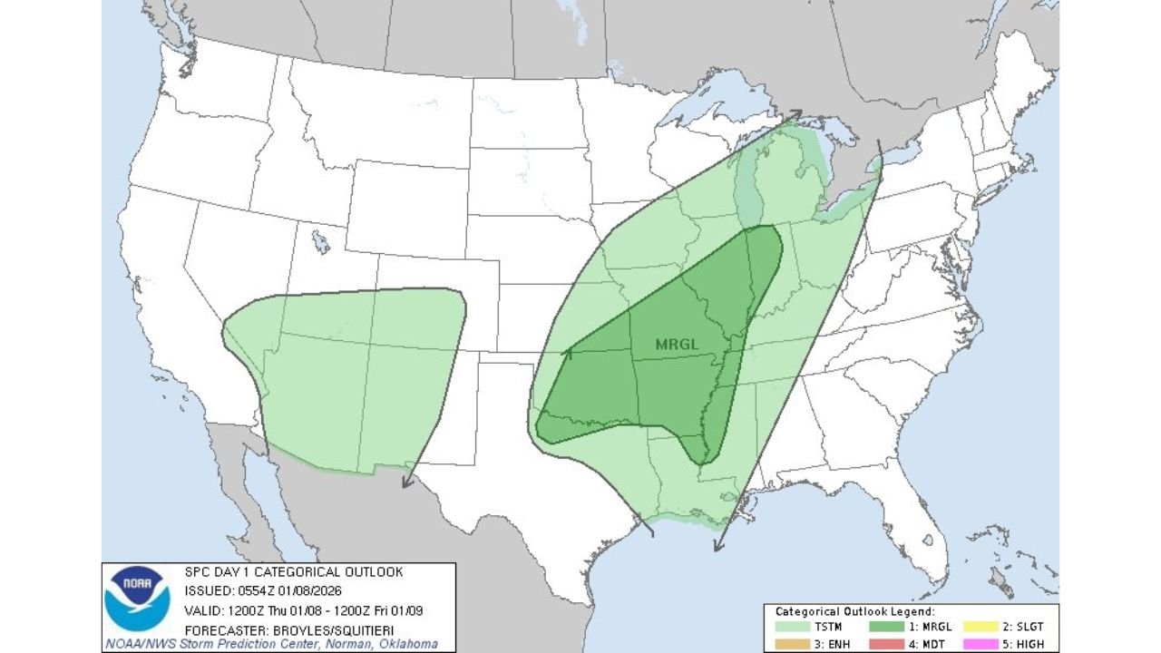 Texas, Oklahoma, Arkansas, Mississippi, Tennessee, Kentucky, Indiana, and Ohio Placed Under Marginal Severe Storm Risk Ahead of Friday System