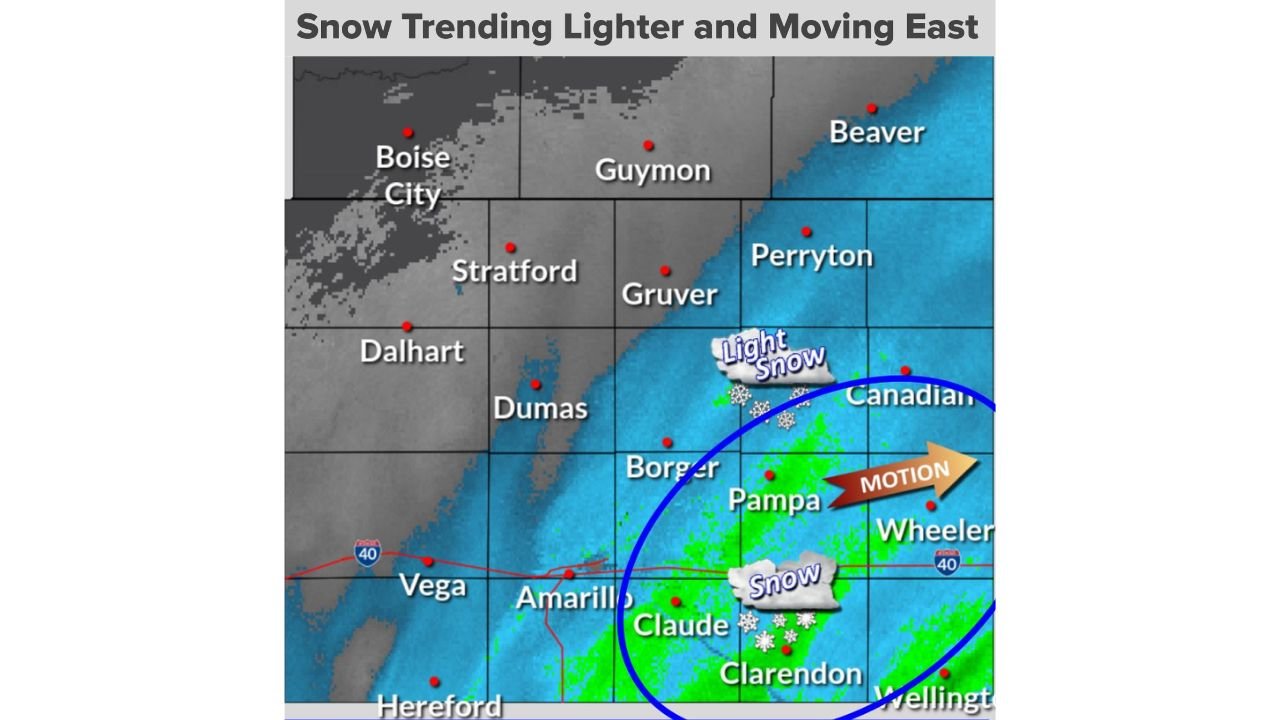 Texas Panhandle Snow Bands Shift East as Winter Storm Weakens Overnight, Roads Remain Slick Through Midnight