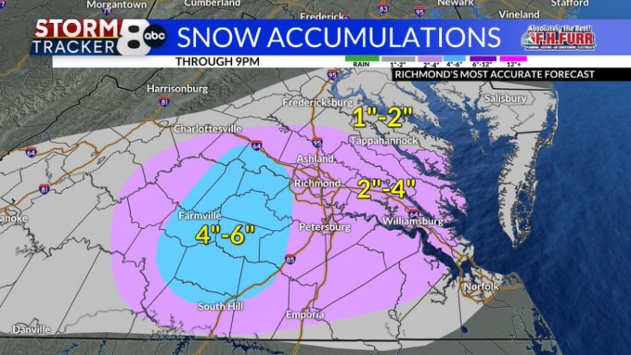 Arctic Front Overdelivers in Central Virginia as Richmond-Area Snow Totals Surge to 4–6 Inches West and 2–4 Inches in the Metro
