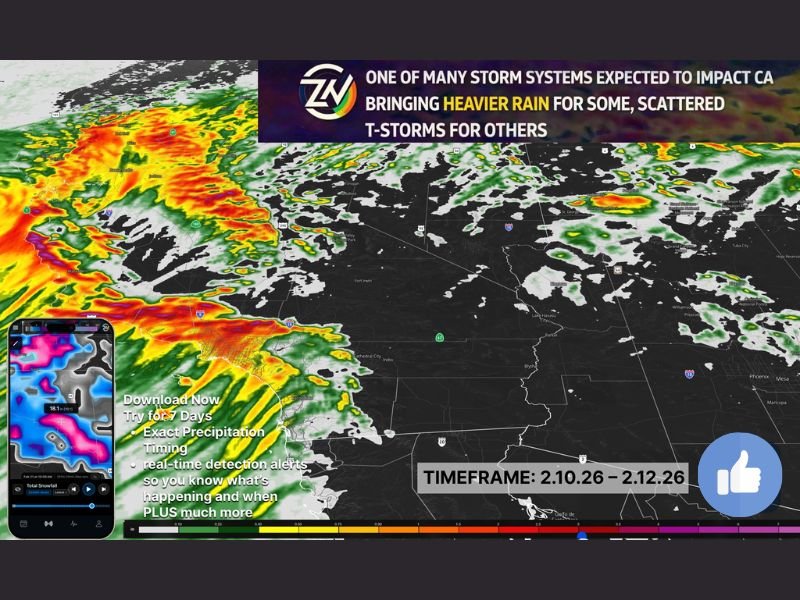 California Storm System Set to Drench Central and Northern Regions With Heavy Rain and Scattered Thunderstorms February 10–12