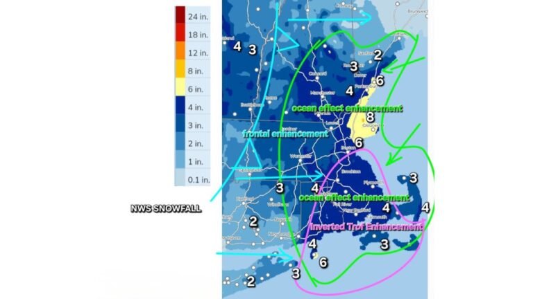 Coastal Snow Squalls and Ocean-Effect Bands Target Massachusetts, New Hampshire, and Maine as Eastern New England Sees Localized Heavy Snow