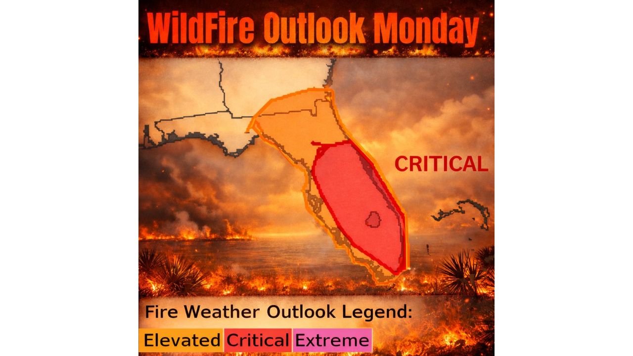 Critical Red Flag Fire Alert Covers Central and South Florida as Strong Cold Front Brings High Winds and Dangerous Dry Air Monday