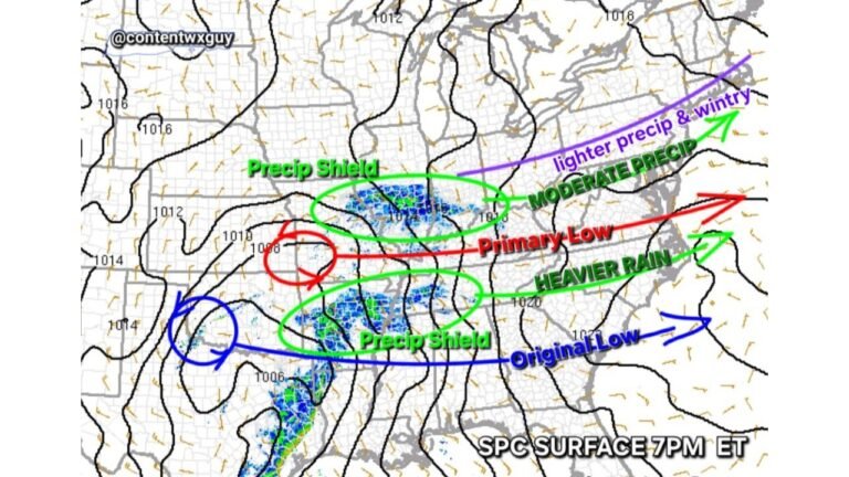 Dual Low-Pressure System Targets Mid-Atlantic and Southern New England as Heavier Rain Shifts East and Wintry Mix Stays North