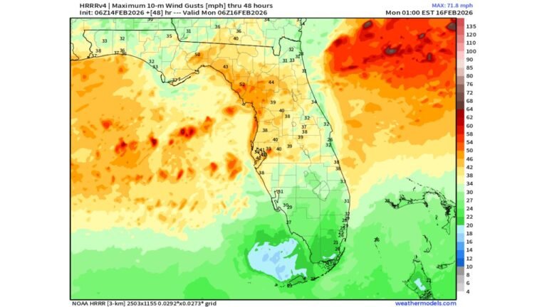 Florida Braces for 50–70+ MPH Wind Gusts as HRRR Model Flags Powerful Overnight Storm Threat Through Early Monday