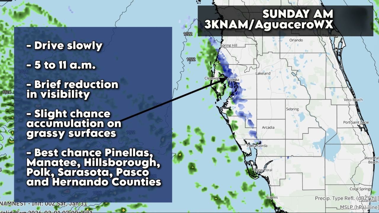 Florida Cold Outbreak Brings Rare Snow Chance to Tampa as Gulf-Effect Showers Target West-Central Counties Sunday Morning