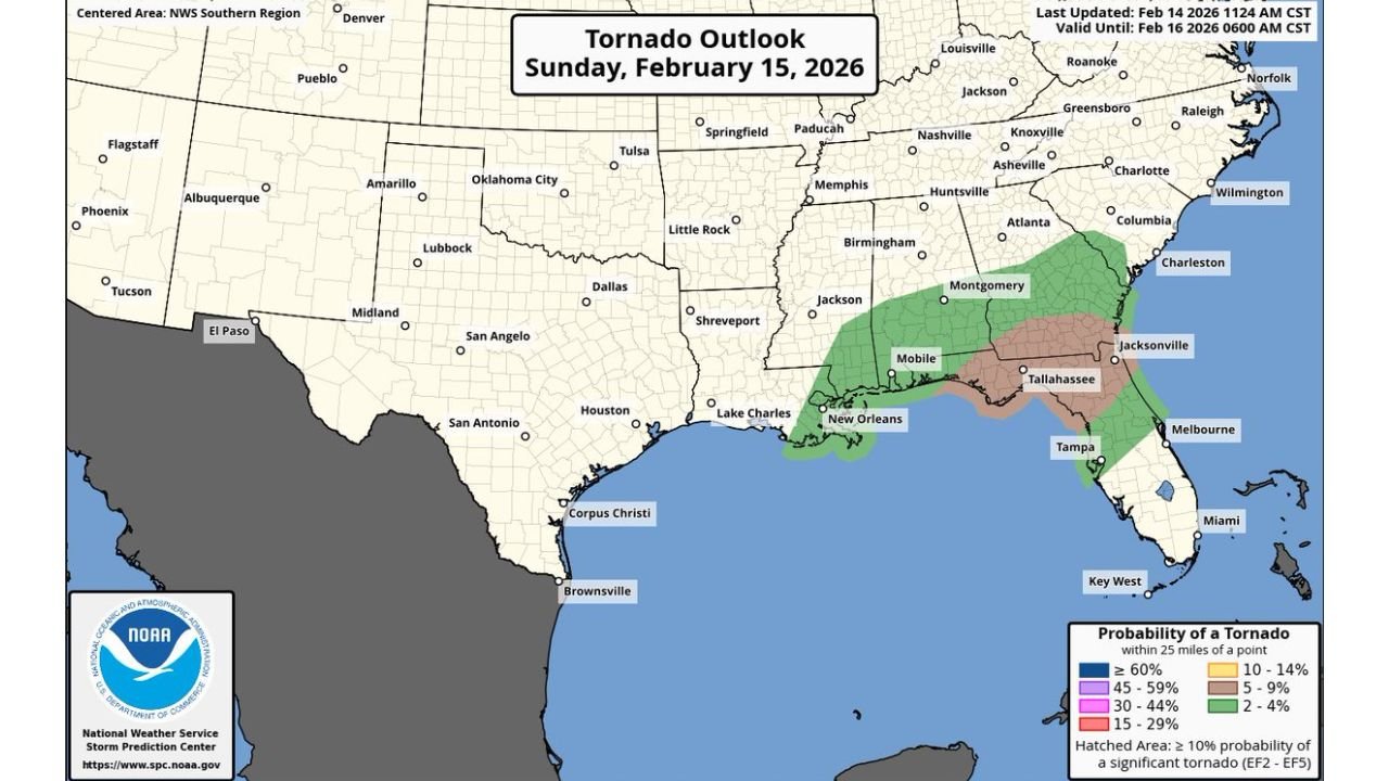 Florida Panhandle, North Florida and Southern Georgia Face Tornado Threat Sunday as Linear Storm Line Targets Tallahassee, Jacksonville and Mobile
