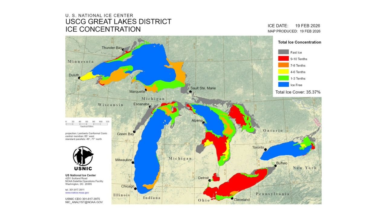 Great Lakes Ice Coverage Drops From 55% to 33% as Regional Waters Rapidly Thaw Across Midwest and Ontario