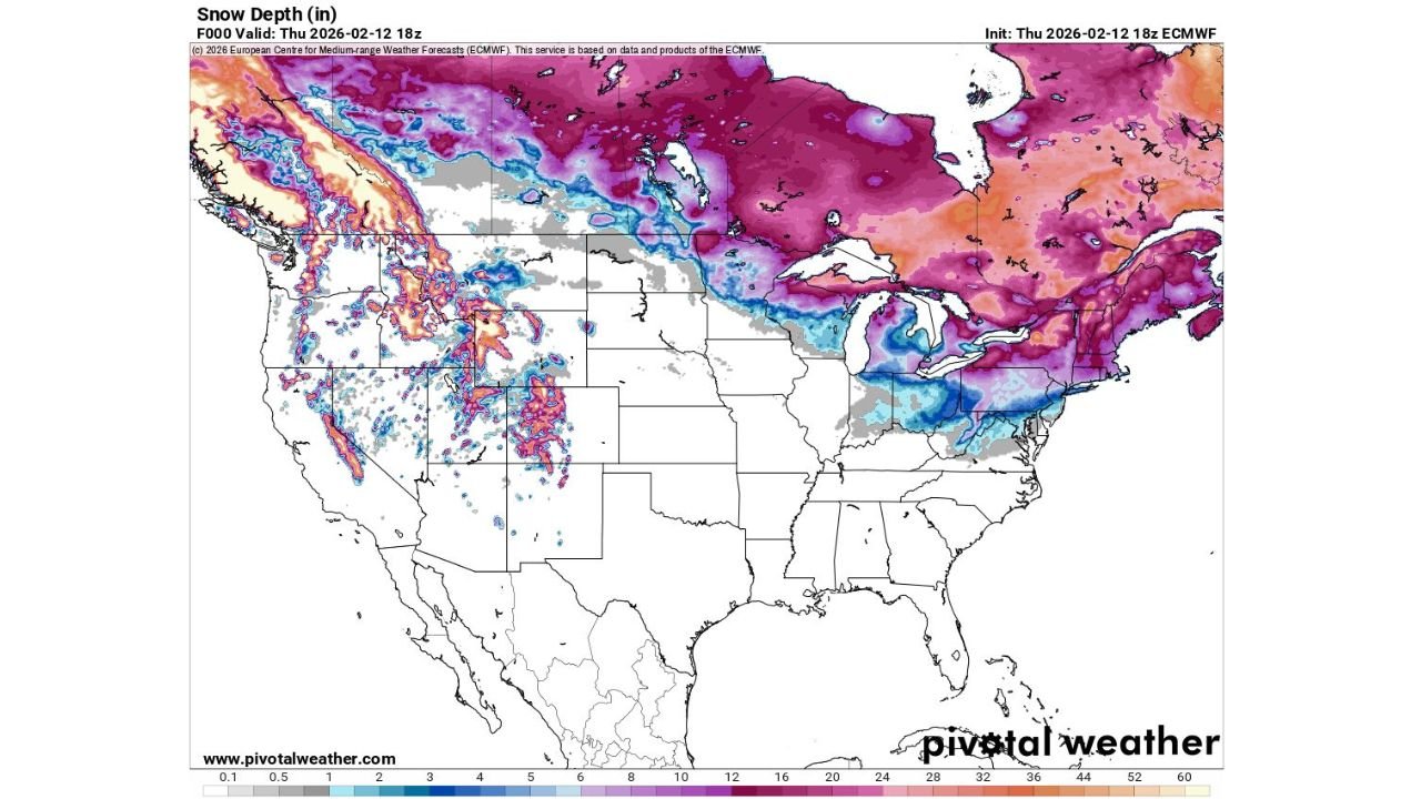 Great Lakes and Northeast Buried in Deep Snow While Midwest Shows Bare Ground in February, New ECMWF Map Reveals Stark Contrast