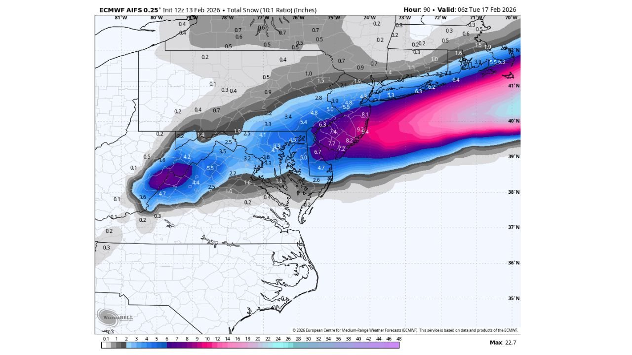 I-95 Corridor Snowstorm Setup Tightens as EURO AI Tracks Within 100 Miles, Raising 6-Inch+ Potential From Washington to New York