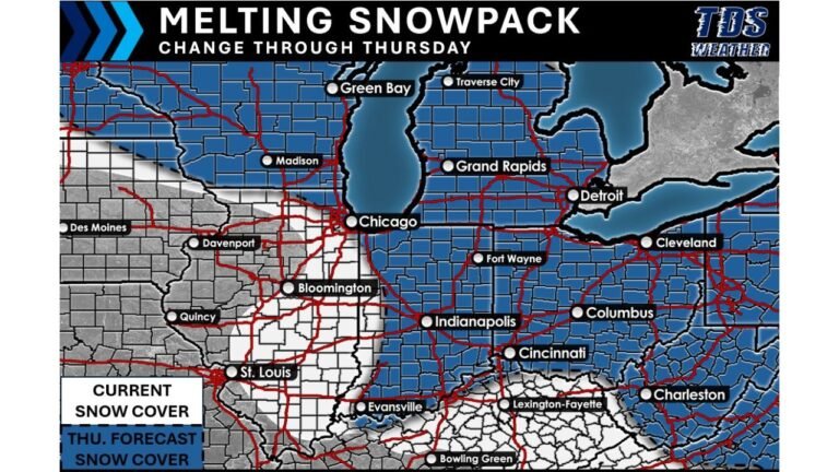 Illinois, Indiana, Ohio, and Michigan Face Gradual Snowpack Melting as Milder Weather Settles In This Week