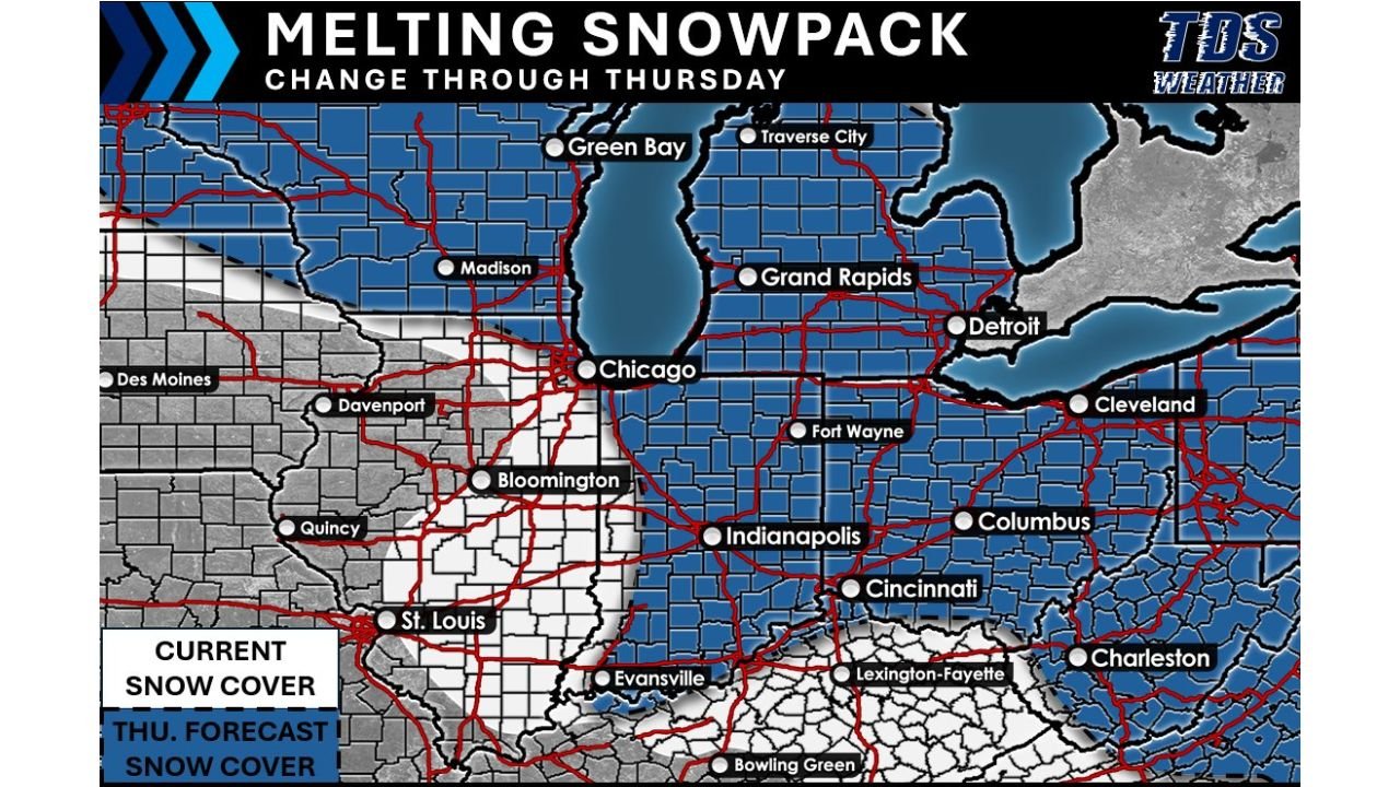 Illinois, Indiana, Ohio, and Michigan Face Gradual Snowpack Melting as Milder Weather Settles In This Week