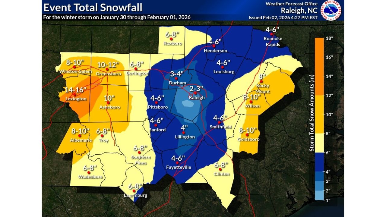 January 30–February 1 Winter Storm Leaves 2–16 Inches of Snow Across North Carolina and South Carolina, With Melting Ongoing as of February 4