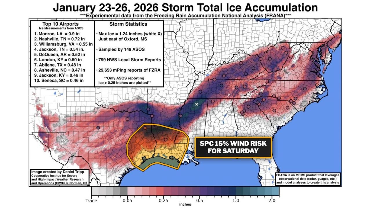 January Ice Storm’s Aftermath Raises New Threat as 50+ MPH Winds Target Weakened Trees Across Louisiana, Mississippi, Alabama and the Southeast