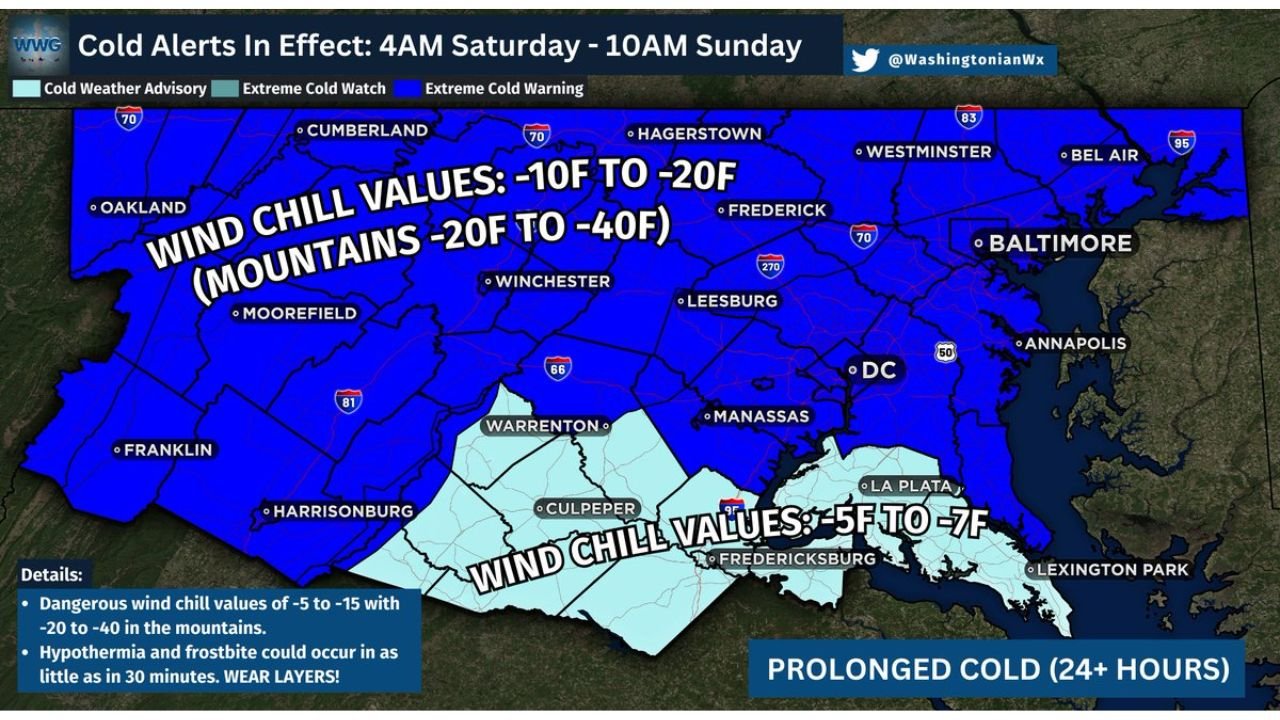 Life-Threatening Cold Targets Washington, D.C., Maryland, Virginia, and West Virginia With Wind Chills as Low as -40 Through Sunday Morning