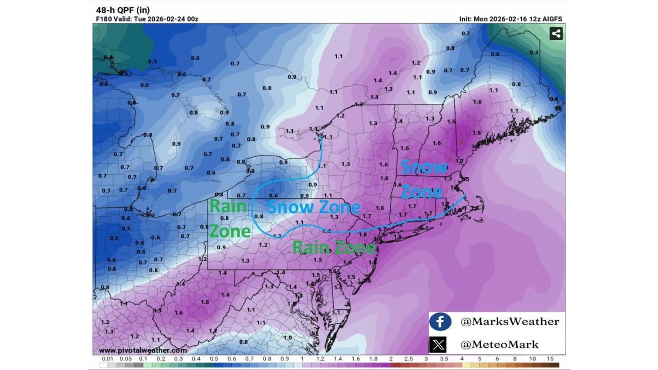 Major Snow Zone Emerging From Pennsylvania to Massachusetts as GFS-AI Model Shows 1–1.8 Inches Liquid Equivalent
