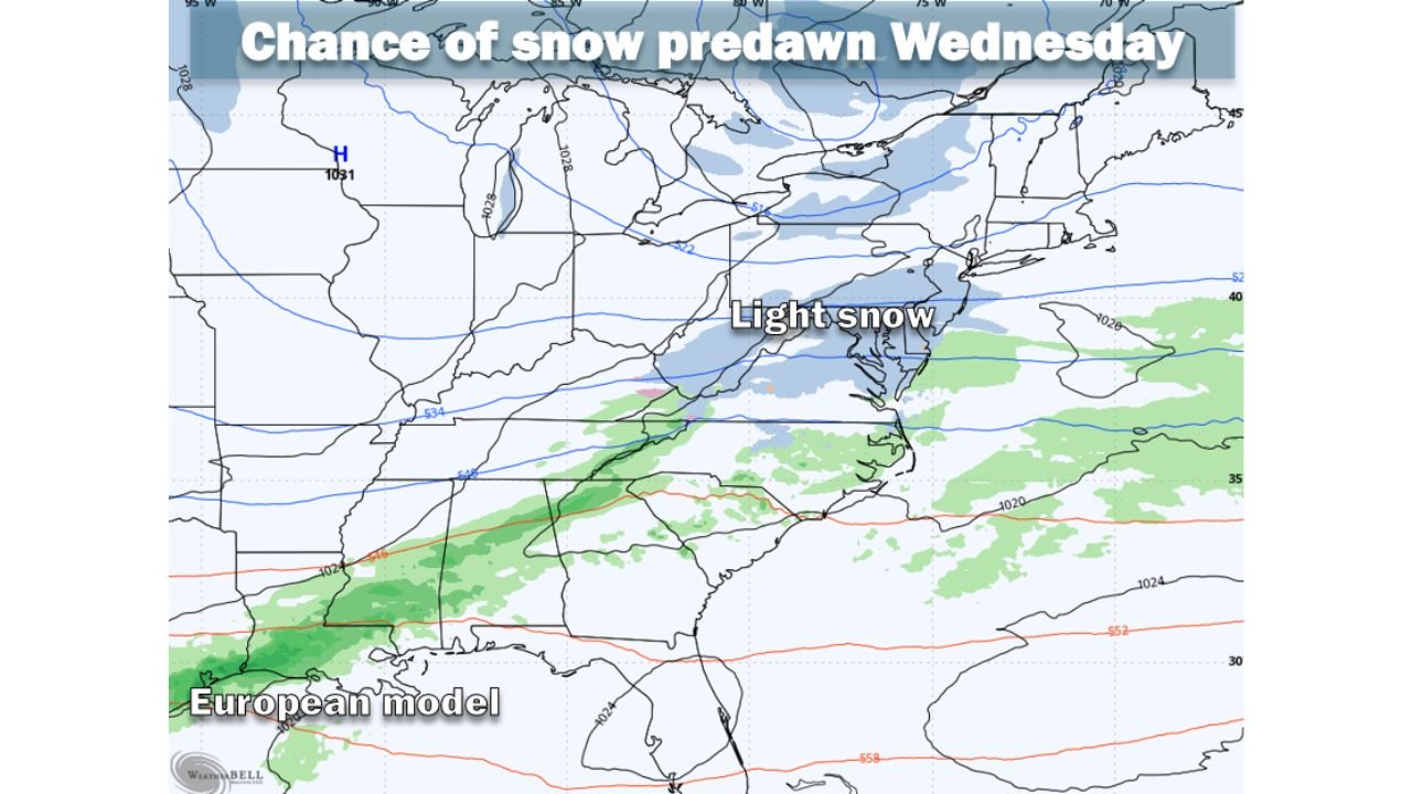 Maryland, Virginia, and Washington D.C. Face Light Snow Risk Tuesday Night Into Wednesday as Weak System Tracks South