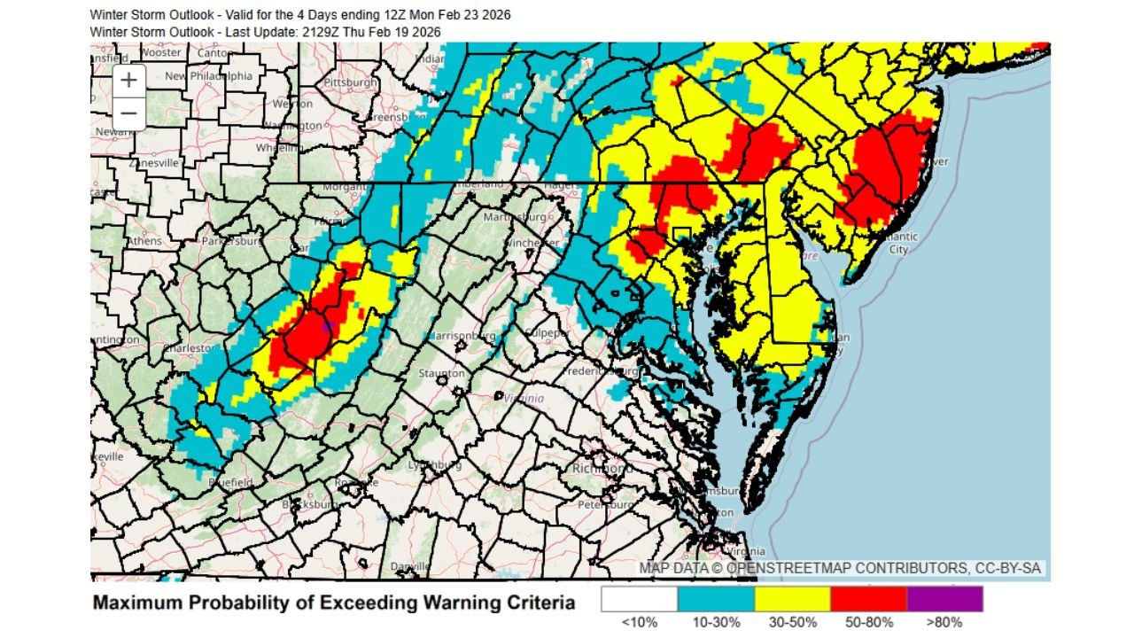 Maryland Winter Storm Threat Surges to 50–80% While Washington, D.C. Faces Lower Snow Odds in Developing Mid-Atlantic System