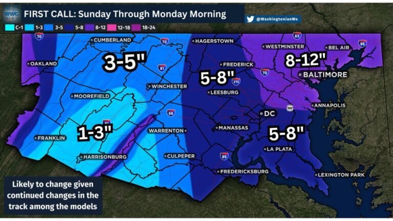 Maryland and Washington, D.C. Winter Storm Warning: Baltimore Could See 8–12 Inches While DC Braces for 5–8 Inches Sunday Into Monday