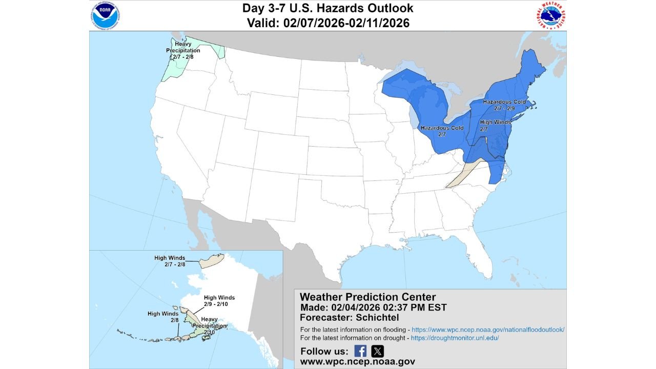 NOAA Day 3–7 Hazards Outlook Flags Dangerous Cold and High Winds for Illinois, Michigan, Ohio, New York and New England States Through February 11