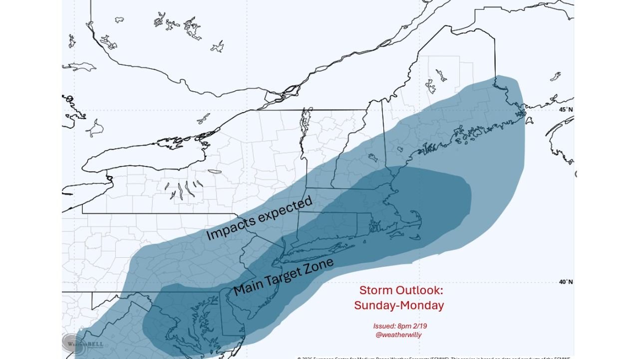 New Jersey, New York, Connecticut and Massachusetts in the Main Target Zone as Sunday–Monday Winter Storm Threat Sharpens Across the Northeast