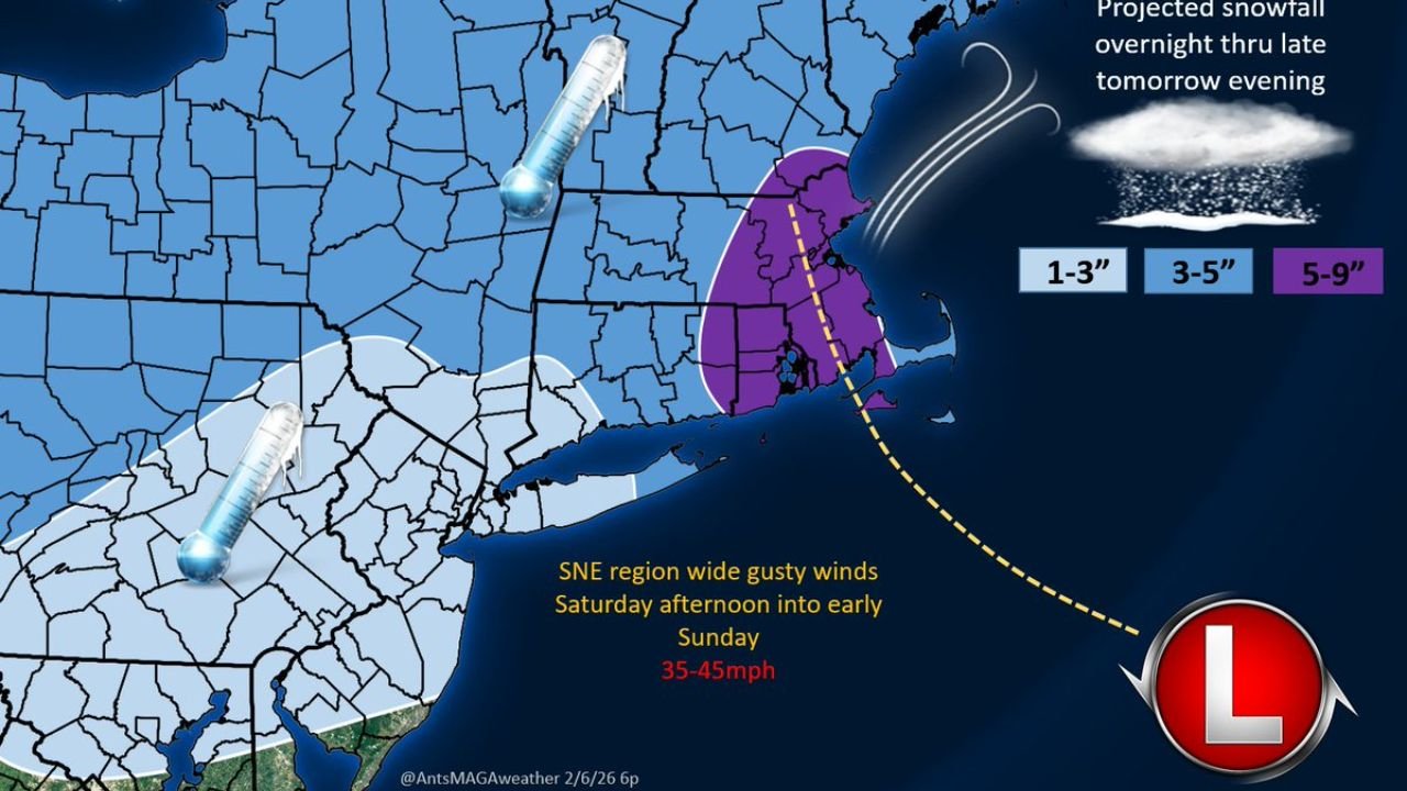New Northeast Snow Map Shows 5–9 Inches for Eastern Massachusetts as Bitter Cold and 35–45 MPH Winds Hit Southern New England