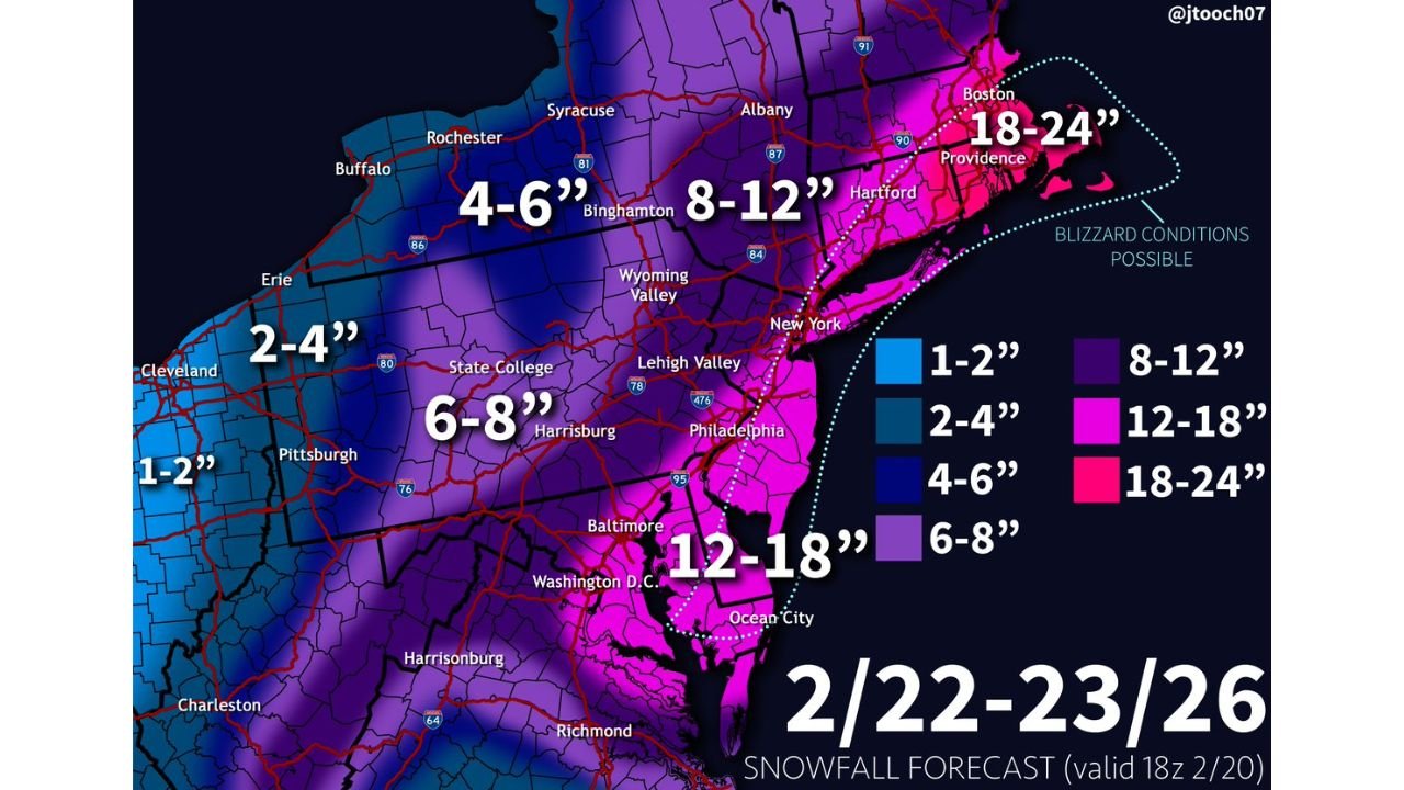 New York, Pennsylvania, New Jersey and Massachusetts Face Potential 18–24 Inch Blizzard as 2/22–23 Nor’easter Targets I-95 Corridor