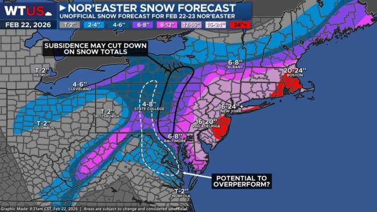 New York, Pennsylvania and Massachusetts Brace as Nor’easter Snow Bands Shift East, Subsidence Trims Totals in Upstate NY and East-Central PA