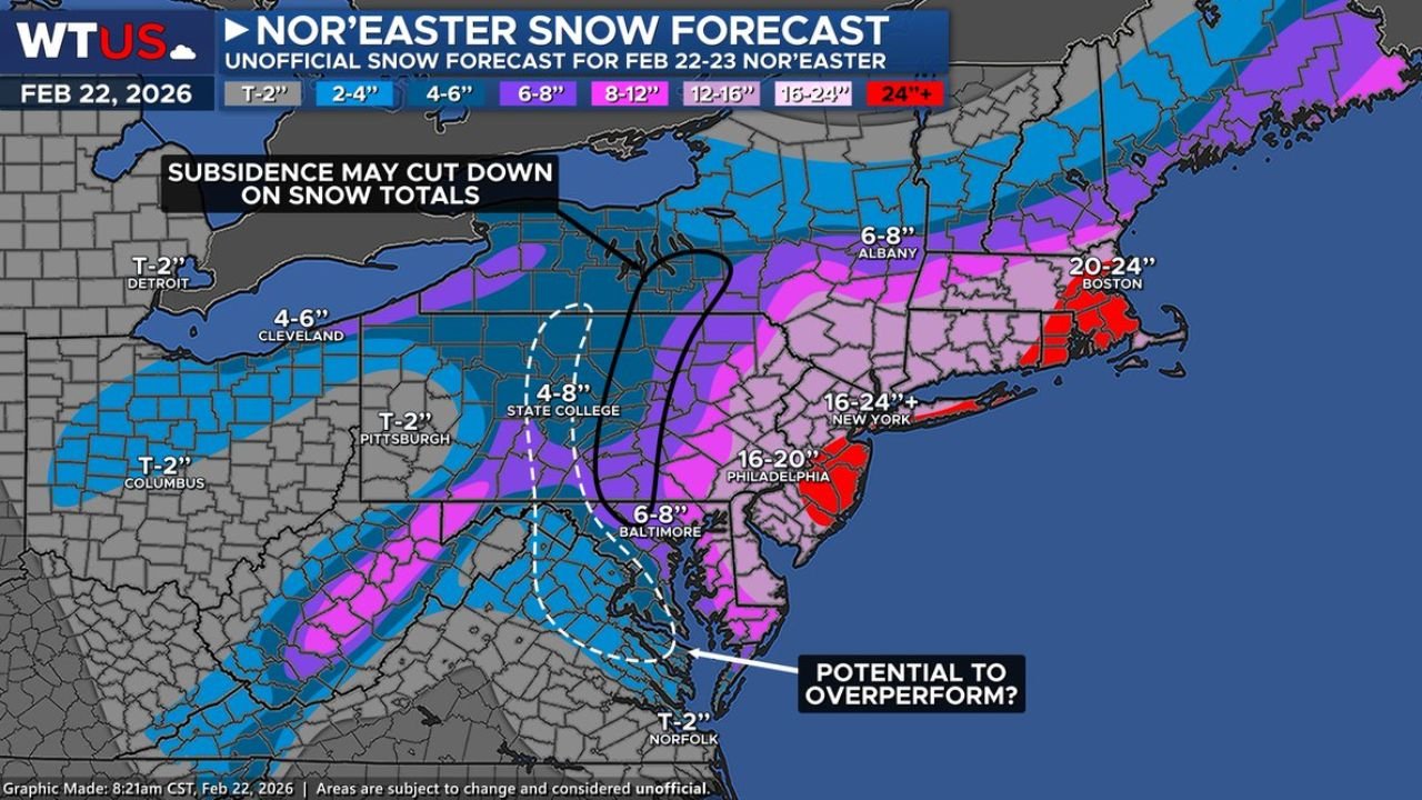 New York, Pennsylvania and Massachusetts Brace as Nor’easter Snow Bands Shift East, Subsidence Trims Totals in Upstate NY and East-Central PA