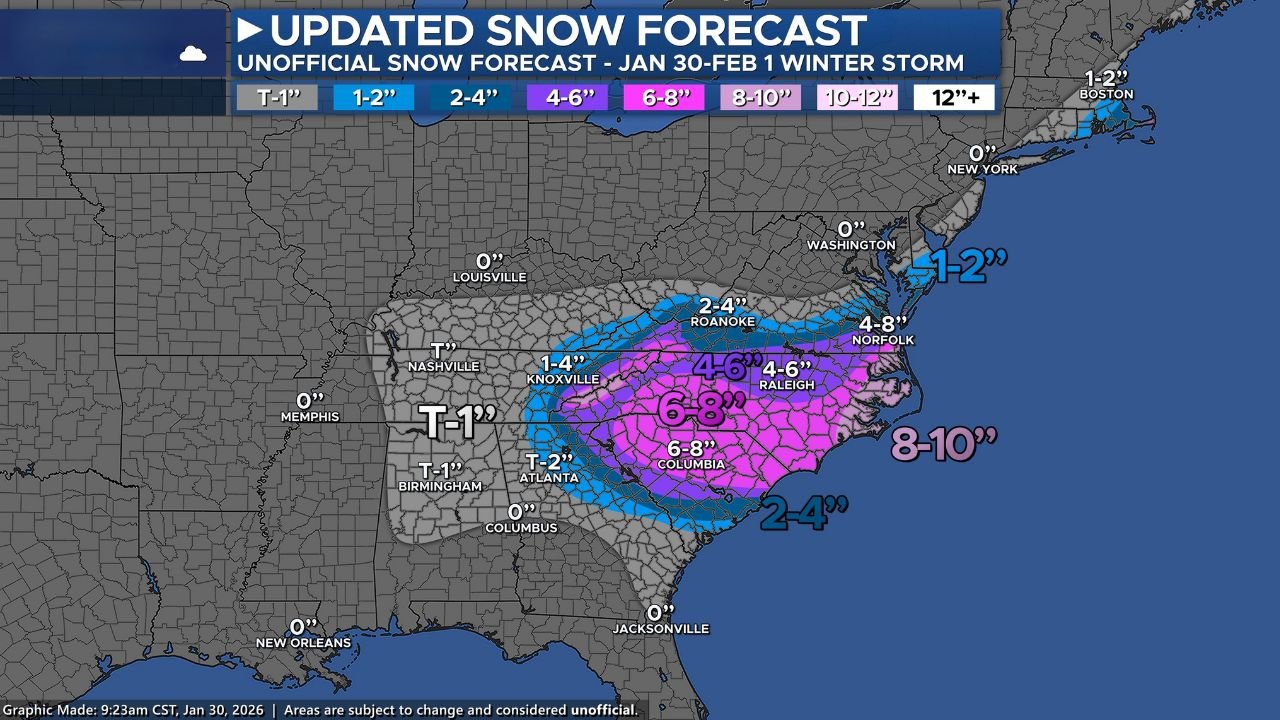 North Carolina and South Carolina Snowstorm Reveals Forecast Hits and Misses as I-85 and I-77 Corridors Overperform
