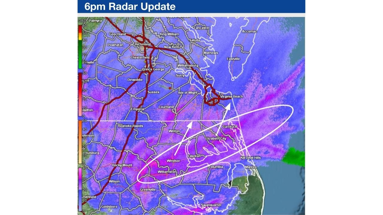 Snowfall Rates Spike Across Northeastern North Carolina as Heavy Snow Moves North Into Hampton Roads, Virginia