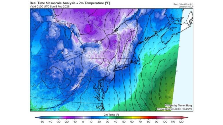 Pennsylvania, New Jersey, New York, Connecticut, and Massachusetts Along I-95 See Coldest Air of the Winter as Narrow Arctic Airmass Locks In