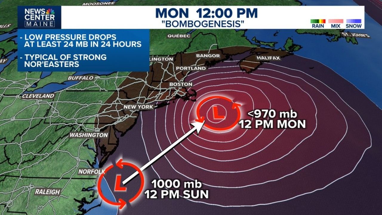 Rapidly Strengthening Nor’easter to Undergo Bombogenesis Off New England, Pressure Plunging Toward 970 mb by Monday Afternoon