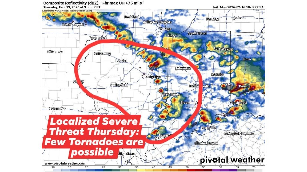 Severe Thunderstorm Threat Targets Southern Illinois and Indiana Thursday With Tornado Risk South of I-80